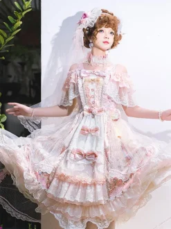 sweet Lolita Lolita Dresses Costumes Sweet Lolita Dress Polyester Sleeveless Bows Jumper Lolita Wedding Dress bride Lolita Dress Pink Tea Party