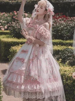 sweet Lolita Lolita Dresses Costumes Sweet Lolita Dress Polyester Sleeveless Bows Jumper Lolita Wedding Dress bride Lolita Dress Pink Tea Party