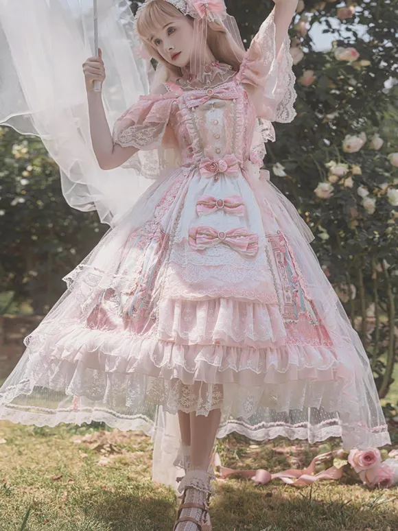sweet Lolita Lolita Dresses Costumes Sweet Lolita Dress Polyester Sleeveless Bows Jumper Lolita Wedding Dress bride Lolita Dress Pink Tea Party