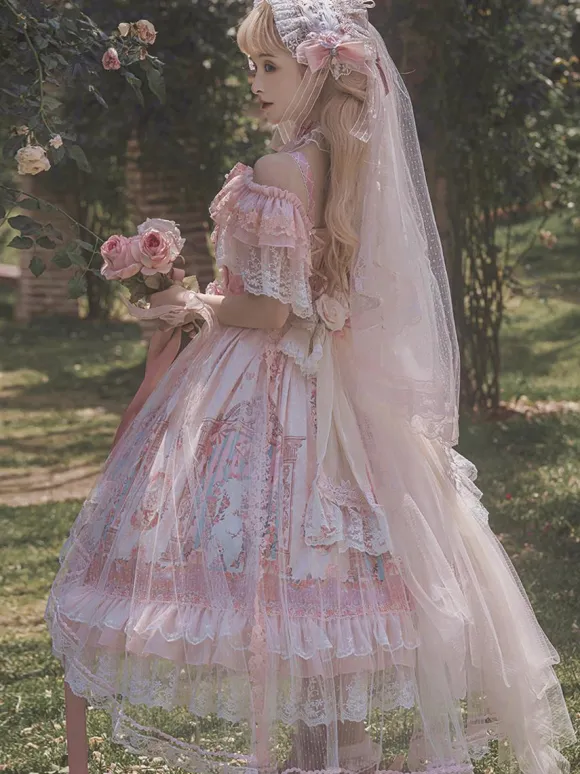 sweet Lolita Lolita Dresses Costumes Sweet Lolita Dress Polyester Sleeveless Bows Jumper Lolita Wedding Dress bride Lolita Dress Pink Tea Party