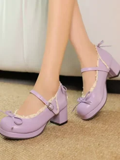 Sweet Lolita Mary Jane Shoes Yellow Bows PU Leather Chunky Heel Lolita Shoes