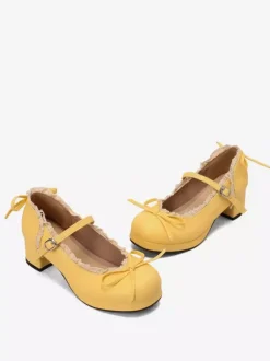 Sweet Lolita Mary Jane Shoes Yellow Bows PU Leather Chunky Heel Lolita Shoes