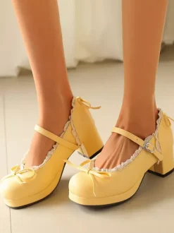 Sweet Lolita Mary Jane Shoes Yellow Bows PU Leather Chunky Heel Lolita Shoes