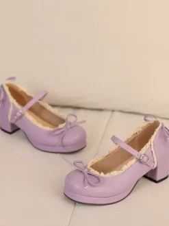 Sweet Lolita Mary Jane Shoes Yellow Bows PU Leather Chunky Heel Lolita Shoes