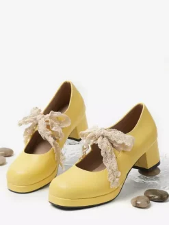 Sweet Lolita Mary Jane Shoes Purple Bows Lace Strape Patent Leather Chunky Heel Lolita Pumps