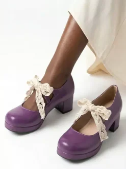 Sweet Lolita Mary Jane Shoes Purple Bows Lace Strape Patent Leather Chunky Heel Lolita Pumps