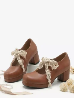 Sweet Lolita Mary Jane Shoes Purple Bows Lace Strape Patent Leather Chunky Heel Lolita Pumps