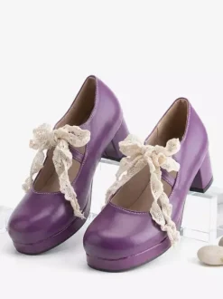 Sweet Lolita Mary Jane Shoes Purple Bows Lace Strape Patent Leather Chunky Heel Lolita Pumps