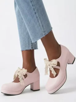 Sweet Lolita Mary Jane Shoes Purple Bows Lace Strape Patent Leather Chunky Heel Lolita Pumps