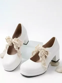 Sweet Lolita Mary Jane Shoes Purple Bows Lace Strape Patent Leather Chunky Heel Lolita Pumps