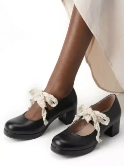 Sweet Lolita Mary Jane Shoes Purple Bows Lace Strape Patent Leather Chunky Heel Lolita Pumps