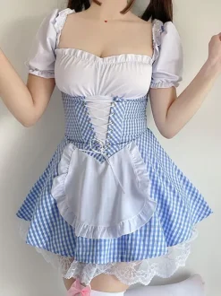 Sweet Lolita OP Dress Baby Blue Lace Up Plaid Ruffle Maid Lolita One Piece Dresses