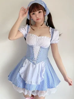 Sweet Lolita OP Dress Baby Blue Lace Up Plaid Ruffle Maid Lolita One Piece Dresses