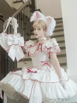 Sweet Lolita Outfits White Color Block Lace Up Short Sleeves Skirt Top Hime Lolita Dress
