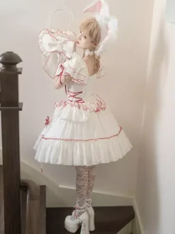 Sweet Lolita Outfits White Color Block Lace Up Short Sleeves Skirt Top Hime Lolita Dress