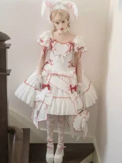 Sweet Lolita Outfits White Color Block Lace Up Short Sleeves Skirt Top Hime Lolita Dress