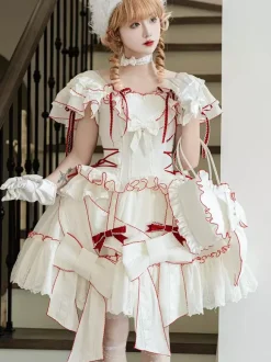 Sweet Lolita Outfits White Color Block Lace Up Short Sleeves Skirt Top Hime Lolita Dress