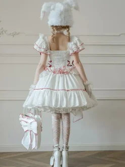 Sweet Lolita Outfits White Color Block Lace Up Short Sleeves Skirt Top Hime Lolita Dress