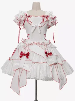 Sweet Lolita Outfits White Color Block Lace Up Short Sleeves Skirt Top Hime Lolita Dress