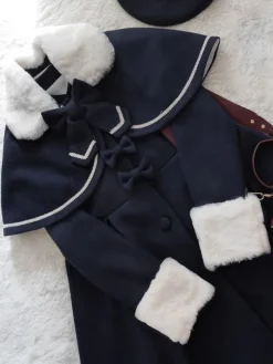 Sweet Lolita Overcoat Bow Pleated Wool Lolita Winter Coat With Cape