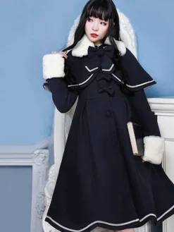 Sweet Lolita Overcoat Bow Pleated Wool Lolita Winter Coat With Cape