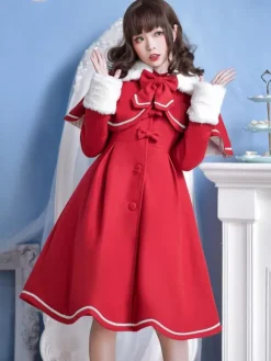 Sweet Lolita Overcoat Bow Pleated Wool Lolita Winter Coat With Cape