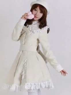 Sweet Lolita Overcoat Lace Trim Ruffle Bow Wool Lolita Winter Coat