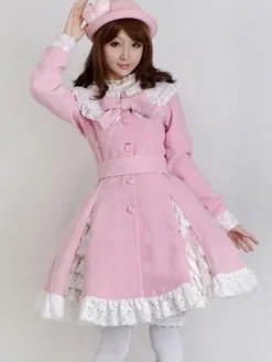 Sweet Lolita Overcoat Lace Trim Ruffle Bow Wool Lolita Winter Coat