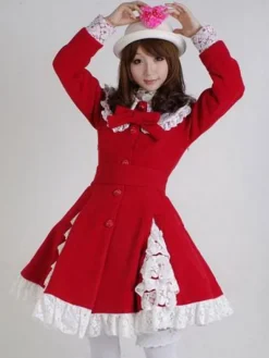 Sweet Lolita Overcoat Lace Trim Ruffle Bow Wool Lolita Winter Coat