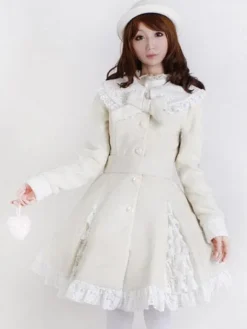 Sweet Lolita Overcoat Lace Trim Ruffle Bow Wool Lolita Winter Coat