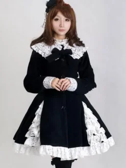 Sweet Lolita Overcoat Lace Trim Ruffle Bow Wool Lolita Winter Coat