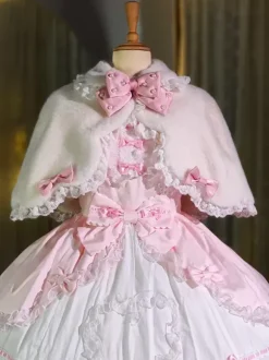 Sweet Lolita Poncho White Polyester Lace Bows Winter Lolita Outwears