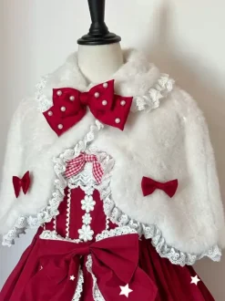 Sweet Lolita Poncho White Polyester Lace Bows Winter Lolita Outwears