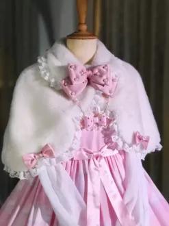 Sweet Lolita Poncho White Polyester Lace Bows Winter Lolita Outwears