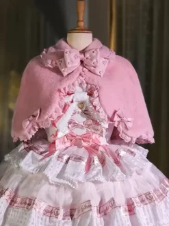 Sweet Lolita Poncho White Polyester Lace Bows Winter Lolita Outwears