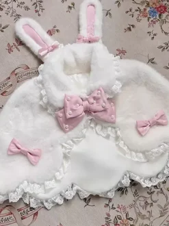 Sweet Lolita Poncho White Polyester Lace Bows Winter Lolita Outwears