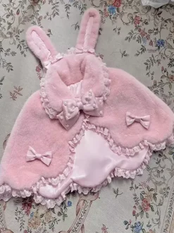 Sweet Lolita Poncho White Polyester Lace Bows Winter Lolita Outwears