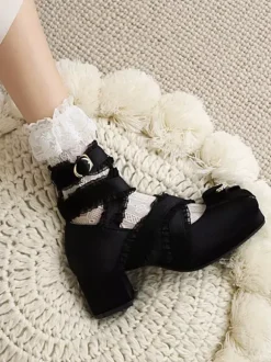 Sweet Lolita Pump Shoes Black Bows Corduroy Chunky Heel Lolita Shoes