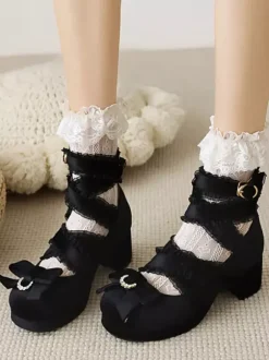 Sweet Lolita Pump Shoes Black Bows Corduroy Chunky Heel Lolita Shoes