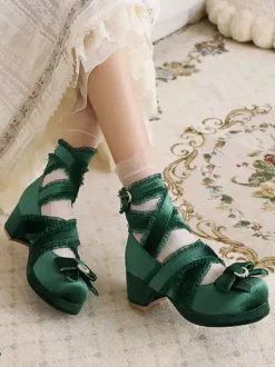 Sweet Lolita Pump Shoes Black Bows Corduroy Chunky Heel Lolita Shoes