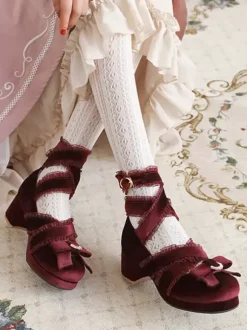 Sweet Lolita Pump Shoes Black Bows Corduroy Chunky Heel Lolita Shoes
