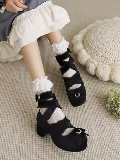 Sweet Lolita Pump Shoes Black Bows Corduroy Chunky Heel Lolita Shoes