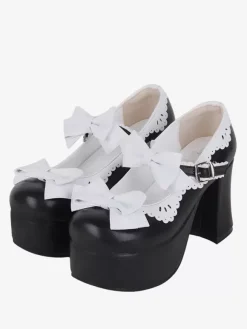 Sweet Lolita Sandals Black Bows Bow PU Leather Round Toe Lolita Summer Shoes