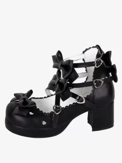 Sweet Lolita Sandals Black Bows Bow PU Leather Round Toe Lolita Summer Shoes