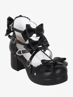 Sweet Lolita Sandals Black Bows Bow PU Leather Round Toe Lolita Summer Shoes