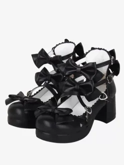 Sweet Lolita Sandals Black Bows Bow PU Leather Round Toe Lolita Summer Shoes