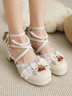 Sweet Lolita Sandals Bows Round Toe Chunky Heel PU Leather Pink Lolita Summer Ankle Strap Heels