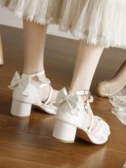 Sweet Lolita Sandals Bows Round Toe Chunky Heel PU Leather Pink Lolita Summer Ankle Strap Heels