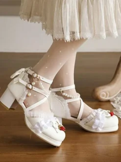 Sweet Lolita Sandals Bows Round Toe Chunky Heel PU Leather Pink Lolita Summer Ankle Strap Heels