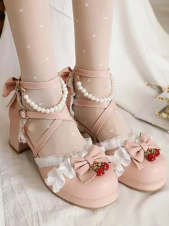 Sweet Lolita Sandals Bows Round Toe Chunky Heel PU Leather Pink Lolita Summer Ankle Strap Heels